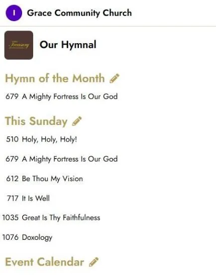 The church tab in the app, listing this Sunday's six songs for Grace Community Church