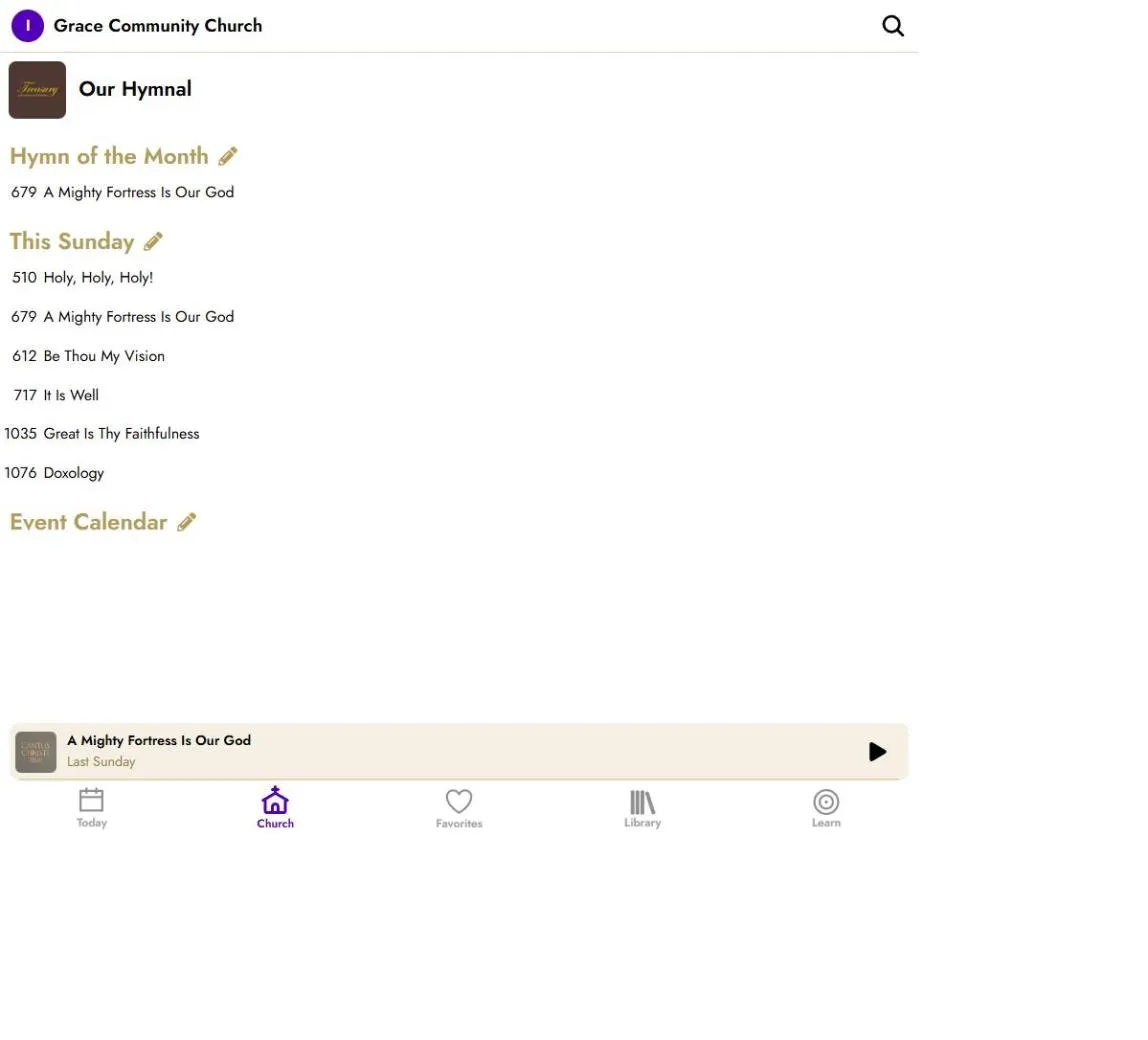 The church tab in the app, listing this Sunday's six songs for Grace Community Church