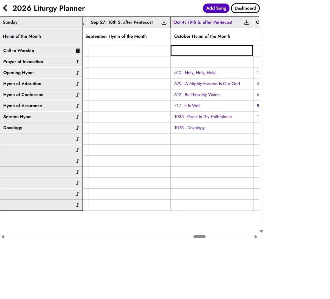 The liturgy planner, with the songs for Sunday October 4 filled in for Grace Community Church