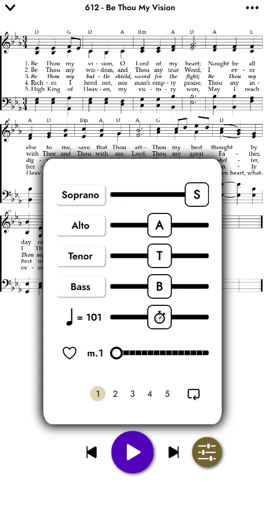 Be Thou My Vision open in Sing Your Part, with a volume slider for each of the four parts