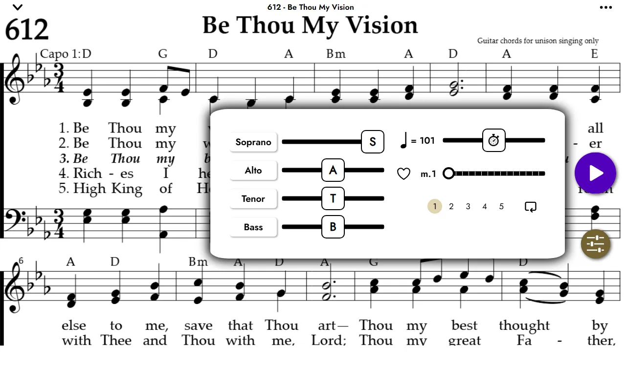 The player open over the sheet music for Be Thou My Vision