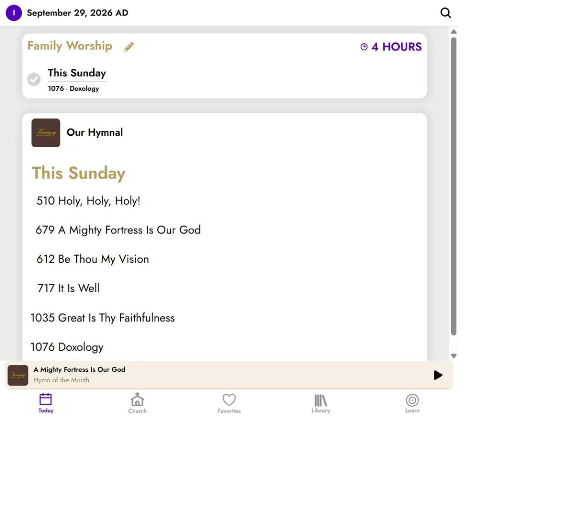 The Today tab: a family worship plan for the day and this Sunday's songs