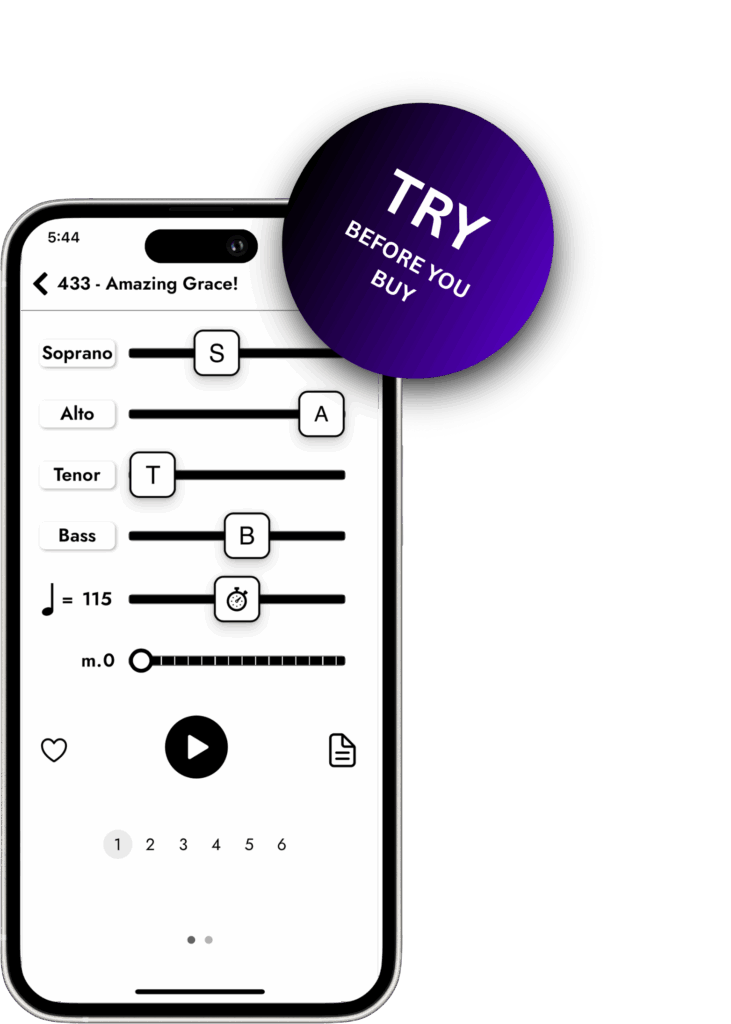 Screen showing individually adjustable volumes for Soprano, Alto, Tenor, Bass and adjustments for tempo and measure number
